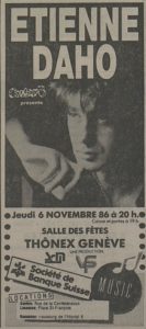 Publicité dans le journal Le Matin annonçant le concert d'Etienne Daho à Genève en 1986